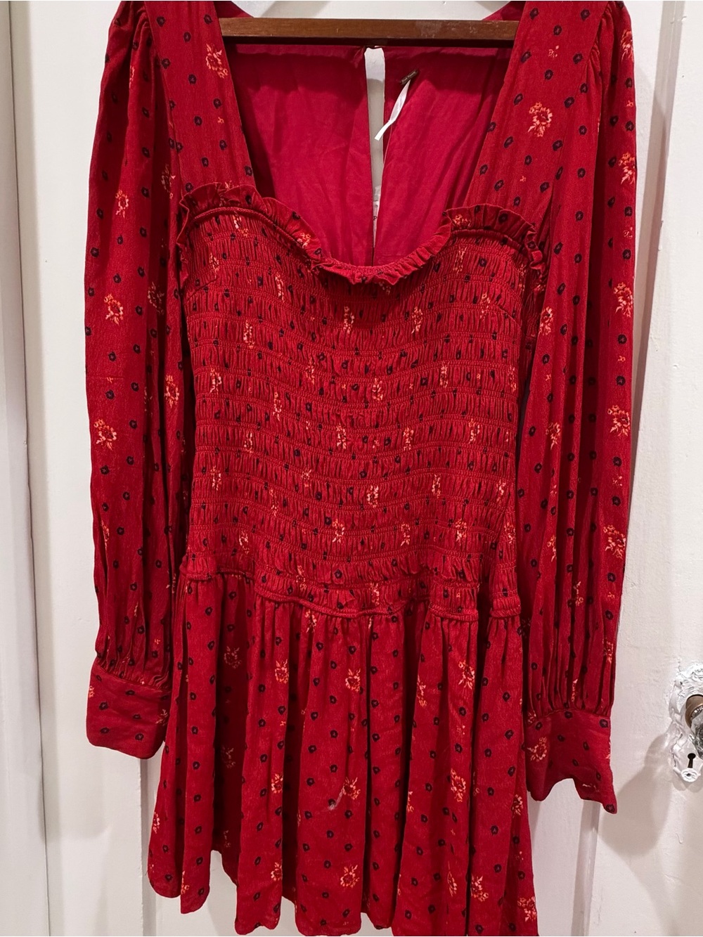 Free People Ruby Red Smocked Long-Sleeve Mini Dress